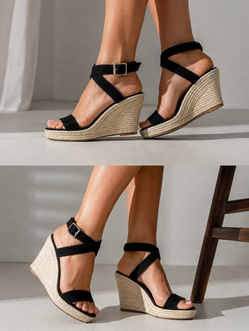 Lhamo Latso Black Suede Espadrille Wedge Sandals Cross Ankle Strap Size 40